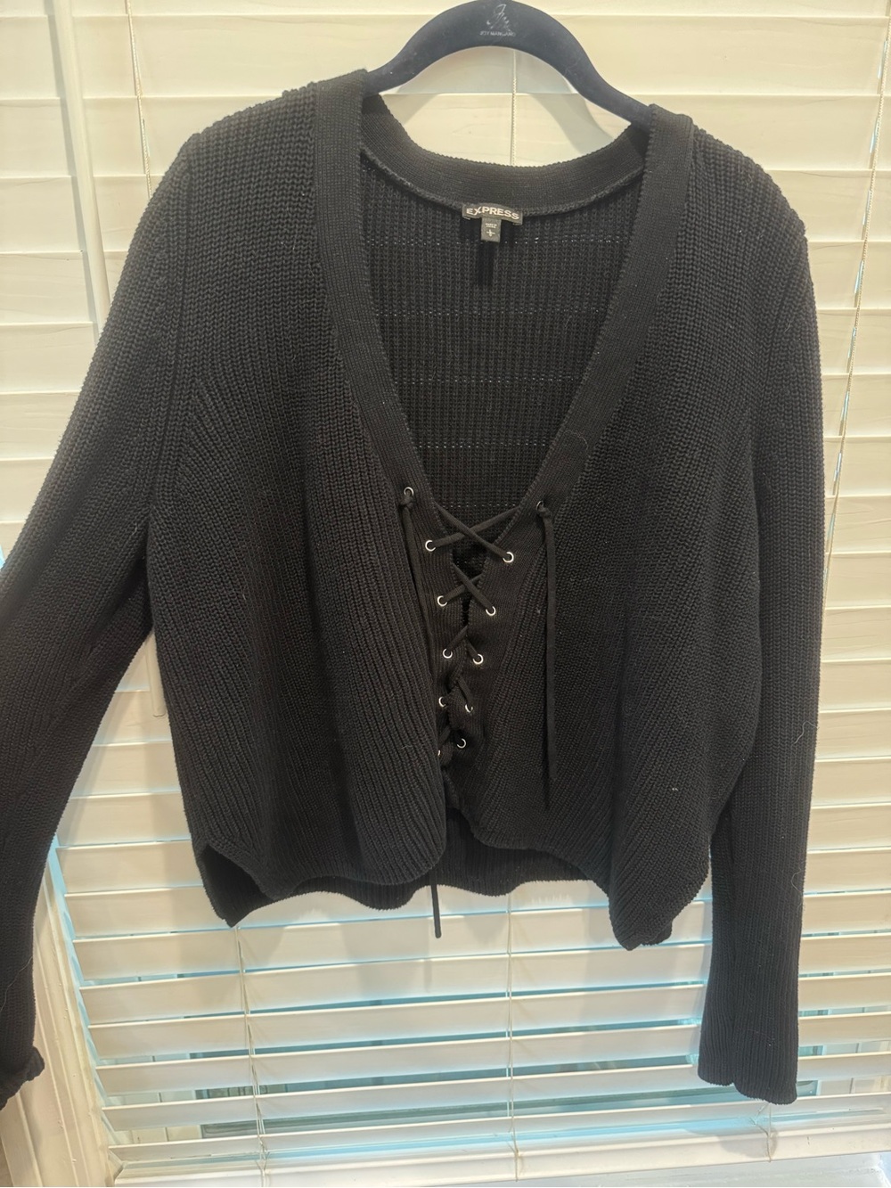 Express Black Lace-Up V-Neck Chunky Knit Sweater